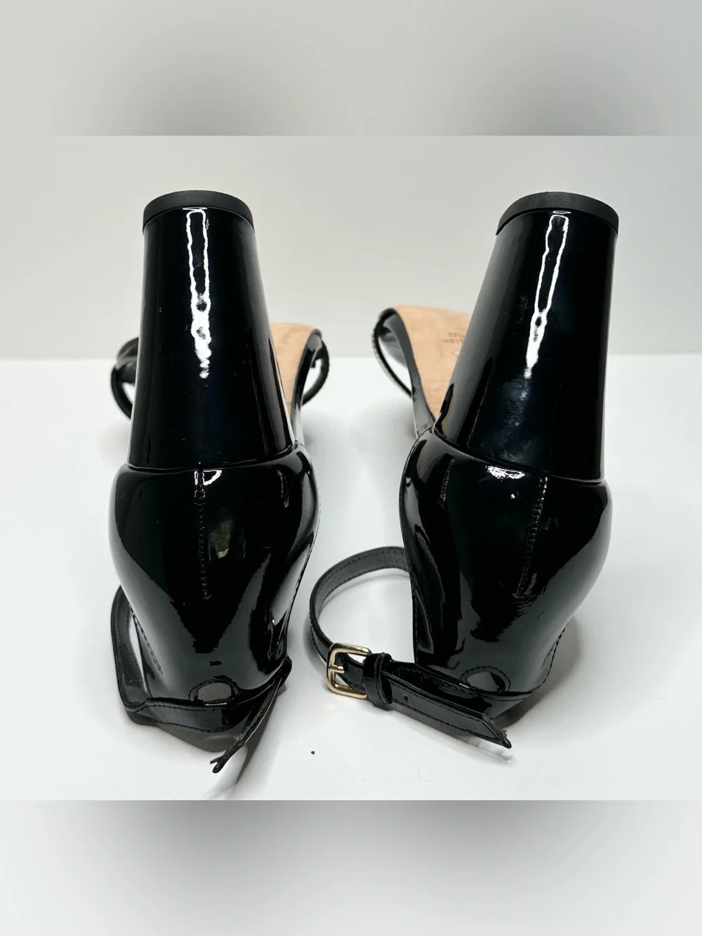 Stuart Weitzman Black Patent Leather Nudist Curve Ankle-Strap Heels Shoes Sandal